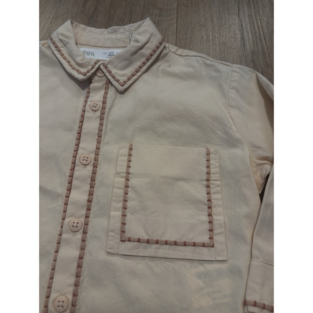 Zara Kids Cream Long Sleeve Shirt with Contrast Stitching Size 1.5Y / 86cm - Picture 5 of 5